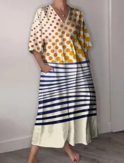 Hot Women's Midi Dress Sundress A Line Dress Vacation Casual Boho Going out Beach Graphic Geometric 3/4 Length Sleeve V Neck Yellow off-white Summer Spring Women Vacation Dresses