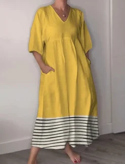 Hot Women's Midi Dress Sundress A Line Dress Vacation Casual Boho Going out Beach Graphic Geometric 3/4 Length Sleeve V Neck Yellow off-white Summer Spring Women Vacation Dresses
