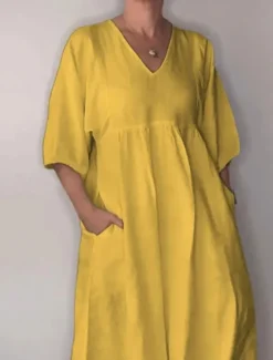 Hot Women's Midi Dress Sundress A Line Dress Vacation Casual Boho Going out Beach Graphic Geometric 3/4 Length Sleeve V Neck Yellow off-white Summer Spring Women Vacation Dresses