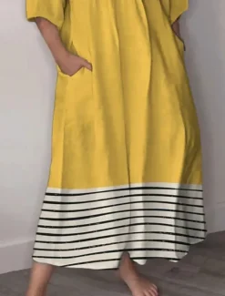 Hot Women's Midi Dress Sundress A Line Dress Vacation Casual Boho Going out Beach Graphic Geometric 3/4 Length Sleeve V Neck Yellow off-white Summer Spring Women Vacation Dresses