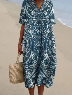 Online Women's Midi Dress Sundress Vacation Casual Beach Going out Loose Fit Floral Graphic Short Sleeve V Neck Pink Blue Summer Women Vacation Dresses