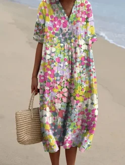Online Women's Midi Dress Sundress Vacation Casual Beach Going out Loose Fit Floral Graphic Short Sleeve V Neck Pink Blue Summer Women Vacation Dresses