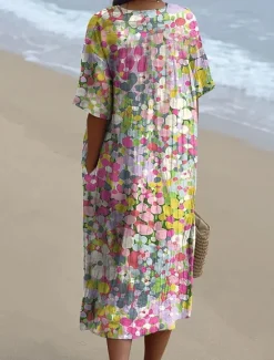 Online Women's Midi Dress Sundress Vacation Casual Beach Going out Loose Fit Floral Graphic Short Sleeve V Neck Pink Blue Summer Women Vacation Dresses