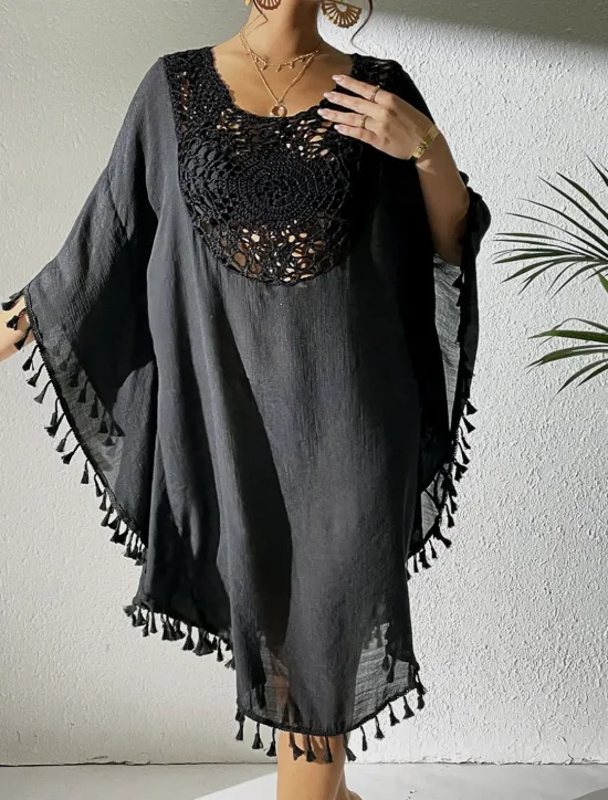 Women's Midi Dress Sundress Tropical Hawaiian Stylish Vacation Daily Regular Fit Plain Short Sleeve Crew Neck Black White Orange Summer Women Cover Up