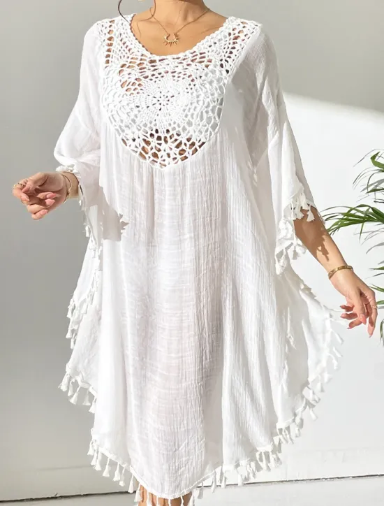 Women's Midi Dress Sundress Tropical Hawaiian Stylish Vacation Daily Regular Fit Plain Short Sleeve Crew Neck Black White Orange Summer Women Cover Up