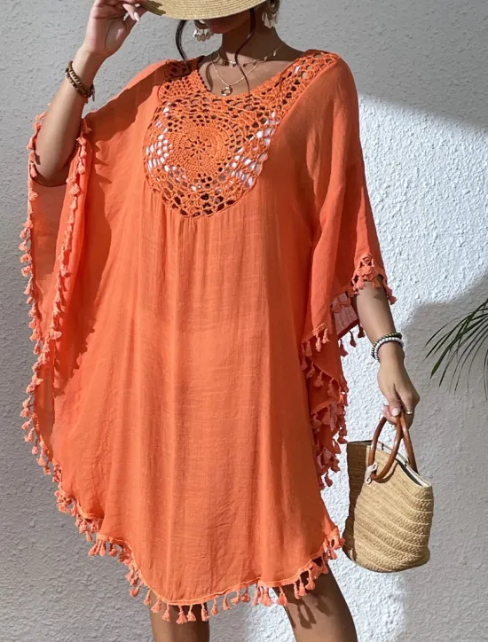 Women's Midi Dress Sundress Tropical Hawaiian Stylish Vacation Daily Regular Fit Plain Short Sleeve Crew Neck Black White Orange Summer Women Cover Up