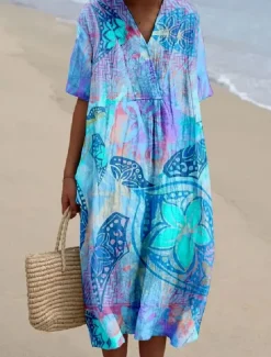Sale Women's Midi Dress Sundress Summer Dress Vacation Casual Beach Going out Loose Fit Floral Graphic Half Sleeve V Neck Summer Women Casual Dress
