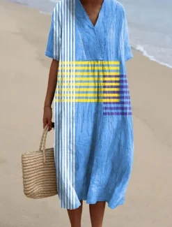 Discount Women's Midi Dress Sundress A Line Dress Vacation Casual Beach Party Going out Beach Loose Fit Graphic Geometric Short Sleeve V Neck Blue White Light Green Royal Blue Blue Summer Spring Women Vacation Dresses
