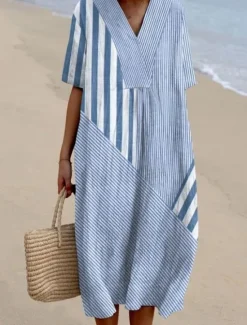 Discount Women's Midi Dress Sundress A Line Dress Vacation Casual Beach Party Going out Beach Loose Fit Graphic Geometric Short Sleeve V Neck Blue White Light Green Royal Blue Blue Summer Spring Women Vacation Dresses