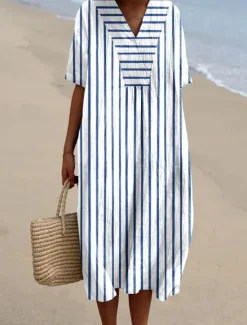 Discount Women's Midi Dress Sundress A Line Dress Vacation Casual Beach Party Going out Beach Loose Fit Graphic Geometric Short Sleeve V Neck Blue White Light Green Royal Blue Blue Summer Spring Women Vacation Dresses