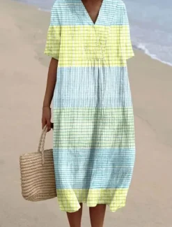 Discount Women's Midi Dress Sundress A Line Dress Vacation Casual Beach Party Going out Beach Loose Fit Graphic Geometric Short Sleeve V Neck Blue White Light Green Royal Blue Blue Summer Spring Women Vacation Dresses