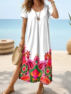 Outlet Women's Midi Dress Sundress A Line Dress Vacation Casual Boho Butterfly Sleeve Vacation Beach Regular Fit Floral Graphic Short Sleeve Crewneck White blue White Blue Green Summer Women Vacation Dresses