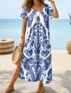 Outlet Women's Midi Dress Sundress A Line Dress Vacation Casual Boho Butterfly Sleeve Vacation Beach Regular Fit Floral Graphic Short Sleeve Crewneck White blue White Blue Green Summer Women Vacation Dresses
