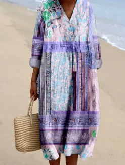 Sale Women's Midi Dress Sundress A Line Dress Vacation Casual Boho Holiday Date Beach Loose Fit Floral Graphic Paisley Long Sleeve V Neck Light Pink Light Green Light Purple Summer Spring Fall Women Vacation Dresses