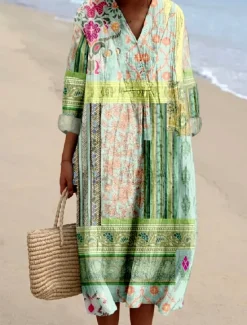 Sale Women's Midi Dress Sundress A Line Dress Vacation Casual Boho Holiday Date Beach Loose Fit Floral Graphic Paisley Long Sleeve V Neck Light Pink Light Green Light Purple Summer Spring Fall Women Vacation Dresses