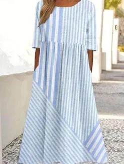 Discount Women's Midi Dress Sundress Summer Dress Vacation Casual Beach Daily Holiday Tea Party Loose Fit Graphic Striped Half Sleeve Crew Neck Pink Blue Purple Summer Women Casual Dress
