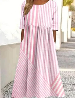 Discount Women's Midi Dress Sundress Summer Dress Vacation Casual Beach Daily Holiday Tea Party Loose Fit Graphic Striped Half Sleeve Crew Neck Pink Blue Purple Summer Women Casual Dress