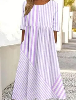 Discount Women's Midi Dress Sundress Summer Dress Vacation Casual Beach Daily Holiday Tea Party Loose Fit Graphic Striped Half Sleeve Crew Neck Pink Blue Purple Summer Women Casual Dress