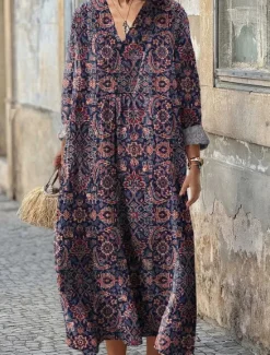 Outlet Women's Midi Dress Sundress A Line Dress Vacation Casual Boho Party Holiday Beach Loose Fit Floral Graphic Geometric Long Sleeve V Neck Dark Red Pink Blue Purple Summer Spring Fall Women Vacation Dresses