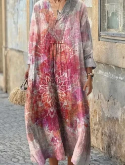 Outlet Women's Midi Dress Sundress A Line Dress Vacation Casual Boho Party Holiday Beach Loose Fit Floral Graphic Geometric Long Sleeve V Neck Dark Red Pink Blue Purple Summer Spring Fall Women Vacation Dresses