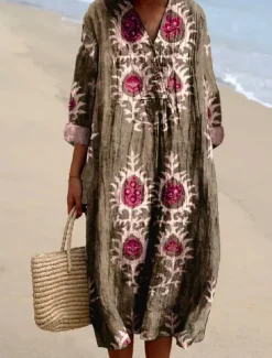 Best Women's Midi Dress Sundress A Line Dress Vacation Casual Boho Party Holiday Beach Loose Fit Floral Graphic Long Sleeve V Neck Sage Green Dusty Blue Brown Summer Spring Fall Women Vacation Dresses