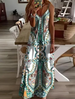 Discount Women's Midi Dress Sundress A Line Dress Slip Dress Vacation Casual Vacation Daily Going out Regular Fit Ombre Graphic Paisley Sleeveless V Neck Summer Spring Women Sundresses