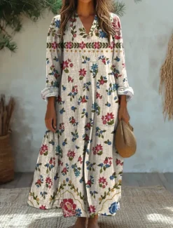 New Women's Midi Dress Sundress A Line Dress Vacation Casual Boho Party Holiday Beach Loose Fit Floral Graphic Geometric Long Sleeve V Neck Black Blue Orange Green Summer Spring Fall Women Vacation Dresses