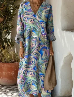 New Women's Midi Dress Sundress A Line Dress Vacation Casual Boho Party Holiday Beach Loose Fit Floral Graphic Geometric Long Sleeve V Neck Black Blue Orange Green Summer Spring Fall Women Vacation Dresses