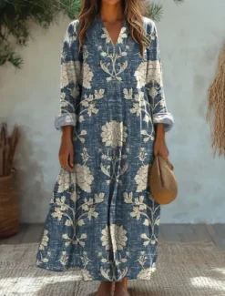 New Women's Midi Dress Sundress A Line Dress Vacation Casual Boho Party Holiday Beach Loose Fit Floral Graphic Geometric Long Sleeve V Neck Black Blue Orange Green Summer Spring Fall Women Vacation Dresses