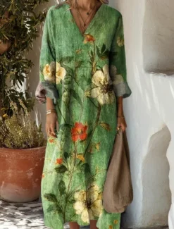 New Women's Midi Dress Sundress A Line Dress Vacation Casual Boho Party Holiday Beach Loose Fit Floral Graphic Geometric Long Sleeve V Neck Black Blue Orange Green Summer Spring Fall Women Vacation Dresses