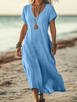 New Women's Midi Dress Sundress Summer Dress Casual Daily Holiday Beach Regular Fit Linen Like Plain Short Sleeve V Neck White Pink Blue Green Summer Women Casual Dress