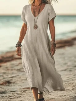 New Women's Midi Dress Sundress Summer Dress Casual Daily Holiday Beach Regular Fit Linen Like Plain Short Sleeve V Neck White Pink Blue Green Summer Women Casual Dress