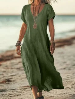 New Women's Midi Dress Sundress Summer Dress Casual Daily Holiday Beach Regular Fit Linen Like Plain Short Sleeve V Neck White Pink Blue Green Summer Women Casual Dress