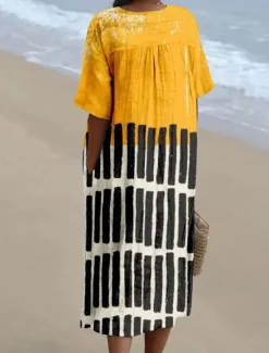 Discount Women's Midi Dress Sundress A Line Dress Linen Vacation Casual Beach linen like Going out Loose Fit Graphic Geometric Short Sleeve V Neck Light Yellow Dark Yellow Yellow Summer Women Vacation Dresses