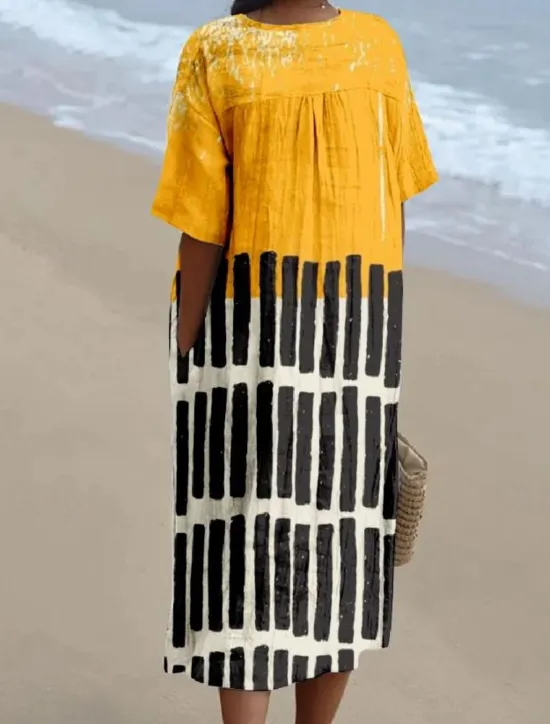 Discount Women's Midi Dress Sundress A Line Dress Linen Vacation Casual Beach linen like Going out Loose Fit Graphic Geometric Short Sleeve V Neck Light Yellow Dark Yellow Yellow Summer Women Vacation Dresses