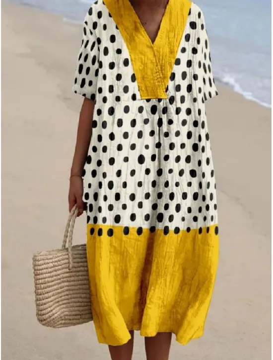 Discount Women's Midi Dress Sundress A Line Dress Linen Vacation Casual Beach linen like Going out Loose Fit Graphic Geometric Short Sleeve V Neck Light Yellow Dark Yellow Yellow Summer Women Vacation Dresses