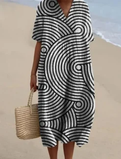 Clearance Women's Midi Dress Sundress A Line Dress Vacation Casual Beach Party Going out Beach Loose Fit Graphic Geometric Short Sleeve V Neck White+Black dark brown Ash Summer Spring Women Vacation Dresses
