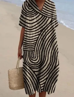 Clearance Women's Midi Dress Sundress A Line Dress Vacation Casual Beach Party Going out Beach Loose Fit Graphic Geometric Short Sleeve V Neck White+Black dark brown Ash Summer Spring Women Vacation Dresses