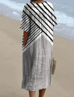 Clearance Women's Midi Dress Sundress A Line Dress Vacation Casual Beach Party Going out Beach Loose Fit Graphic Geometric Short Sleeve V Neck White+Black dark brown Ash Summer Spring Women Vacation Dresses