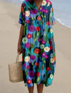 Discount Women's Midi Dress Sundress A Line Dress Linen Vacation Casual Beach Going out Loose Fit Floral Graphic Short Sleeve V Neck Yellow Blue SummerBeach Women Vacation Dresses