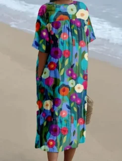 Discount Women's Midi Dress Sundress A Line Dress Linen Vacation Casual Beach Going out Loose Fit Floral Graphic Short Sleeve V Neck Yellow Blue SummerBeach Women Vacation Dresses