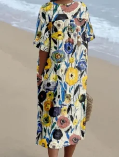Discount Women's Midi Dress Sundress A Line Dress Linen Vacation Casual Beach Going out Loose Fit Floral Graphic Short Sleeve V Neck Yellow Blue SummerBeach Women Vacation Dresses