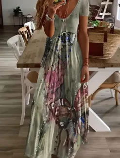 Hot Women's Midi Dress Sundress A Line Dress Vacation Casual Boho Going out Beach Standard Fit Floral Graphic Short Sleeve V Neck Gray Green White Light Green Red Summer Spring Women Vacation Dresses