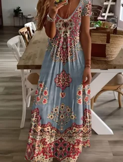 Hot Women's Midi Dress Sundress A Line Dress Vacation Casual Boho Going out Beach Standard Fit Floral Graphic Short Sleeve V Neck Gray Green White Light Green Red Summer Spring Women Vacation Dresses