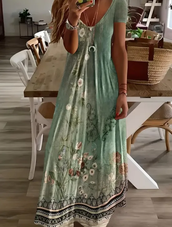 Hot Women's Midi Dress Sundress A Line Dress Vacation Casual Boho Going out Beach Standard Fit Floral Graphic Short Sleeve V Neck Gray Green White Light Green Red Summer Spring Women Vacation Dresses
