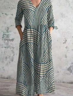 Sale Women's Midi Dress Sundress Pleated Dress Vacation Casual Boho Going out Beach Summer Dress Floral Graphic 3/4 Length Sleeve V Neck Dark Brown Blue Green Summer Spring Women Vacation Dresses|Casual Dress