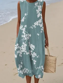 Outlet Women's Midi Dress Sundress Vacation Casual Boho Going out Floral Graphic Sleeveless Crewneck White Blue Orange Green Summer Spring Women Vacation Dresses
