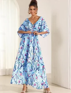Online Women's Midi Dress Swing Dress A Line Dress Summer Dress Elegant Bohemia Tropical Flutter Sleeve Vacation Daily Date Loose Fit Floral Short Sleeve V Neck Blue Green Summer Women Vacation Dresses|Spring Dresses
