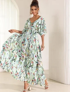 Online Women's Midi Dress Swing Dress A Line Dress Summer Dress Elegant Bohemia Tropical Flutter Sleeve Vacation Daily Date Loose Fit Floral Short Sleeve V Neck Blue Green Summer Women Vacation Dresses|Spring Dresses