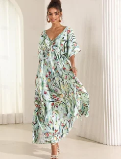 Online Women's Midi Dress Swing Dress A Line Dress Summer Dress Elegant Bohemia Tropical Flutter Sleeve Vacation Daily Date Loose Fit Floral Short Sleeve V Neck Blue Green Summer Women Vacation Dresses|Spring Dresses